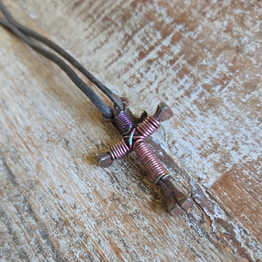 Horseshoe Nail Cross Pendant wrapped in Copper EUC (BIN 008)